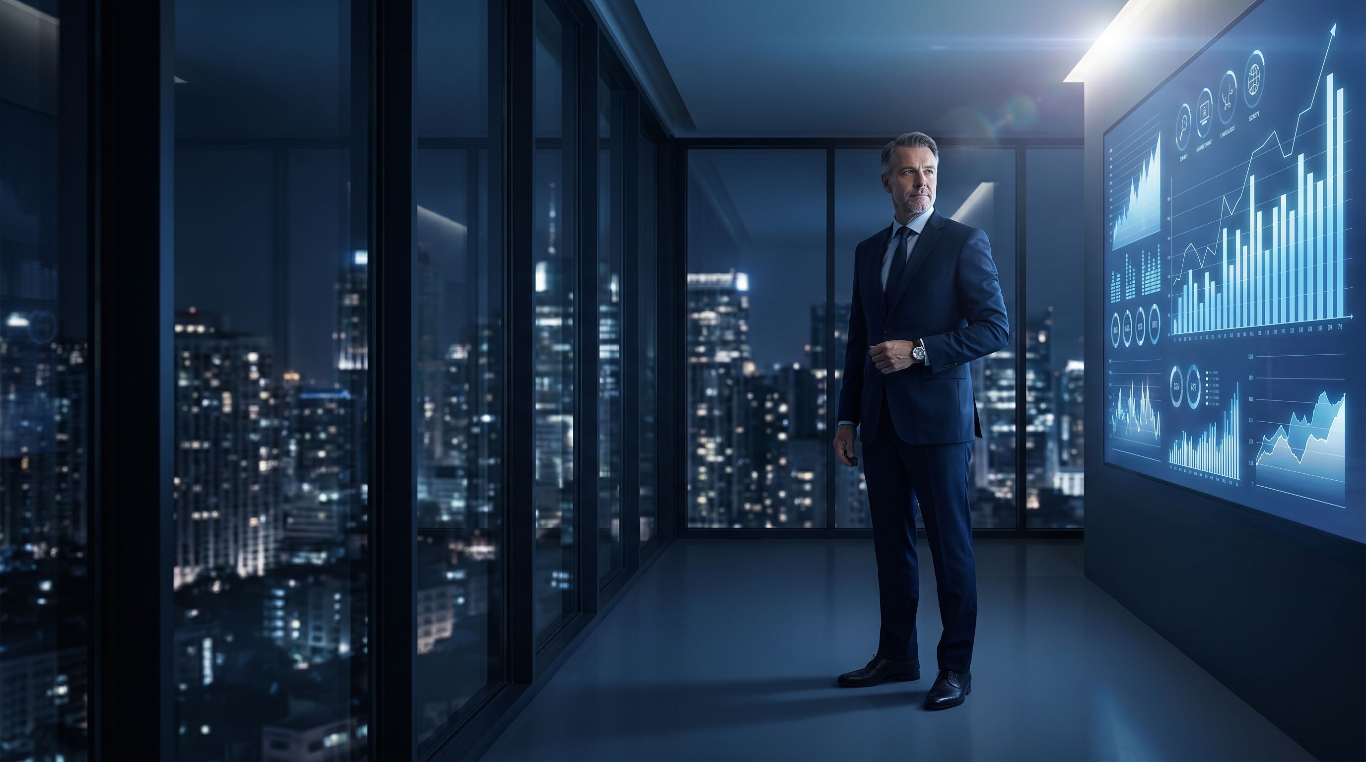 Executive reviewing technology leadership data in a modern boardroom