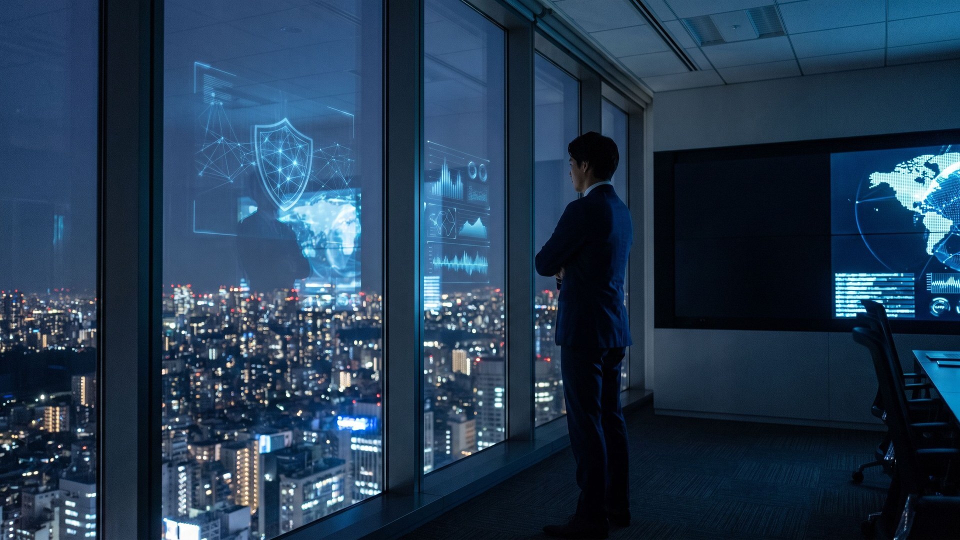 Security executive at a high-rise window at night, with a cybersecurity shield and threat dashboards reflected across the glass over a city skyline